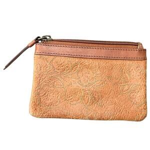 Fossil Brown with green Floral Stitched Leather ID Wallet EUC